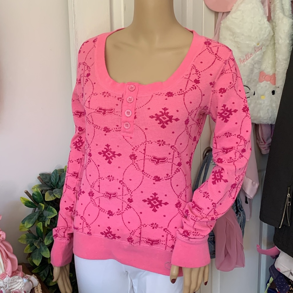 FOX Y2k FOX Pink Patterned Long Sleeve waffle knit Top M
